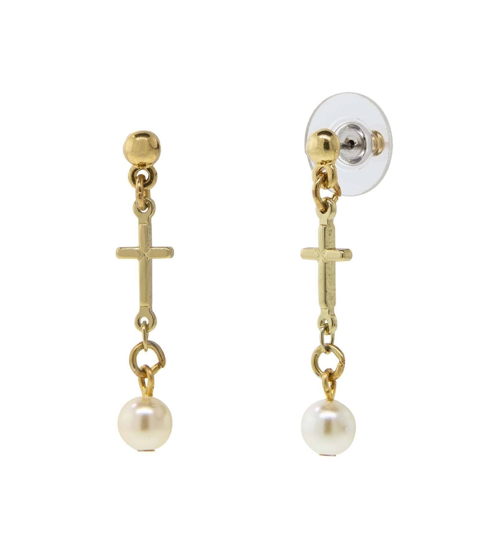 Symbols Of Faith Cross Drop White Faux Pearl Dangle Earrings