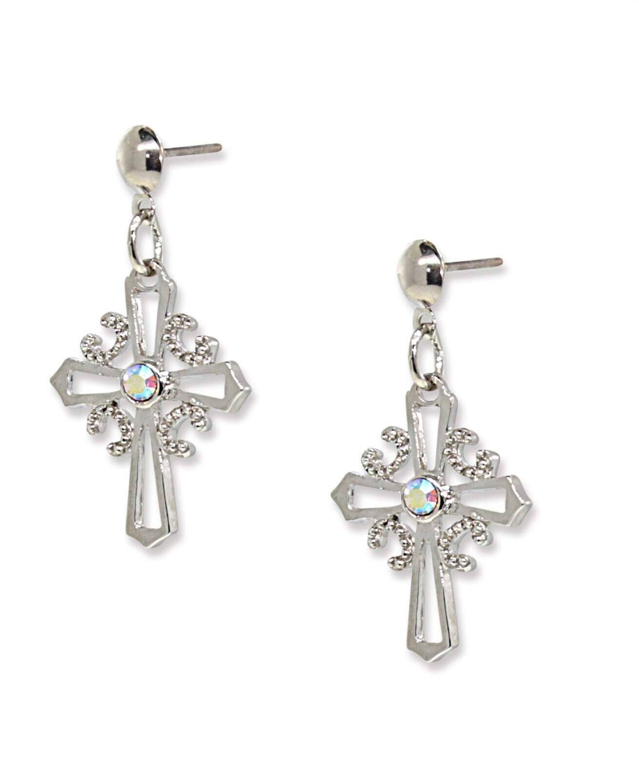 Symbols Of Faith AB Crystal Cross Post Drop Earrings