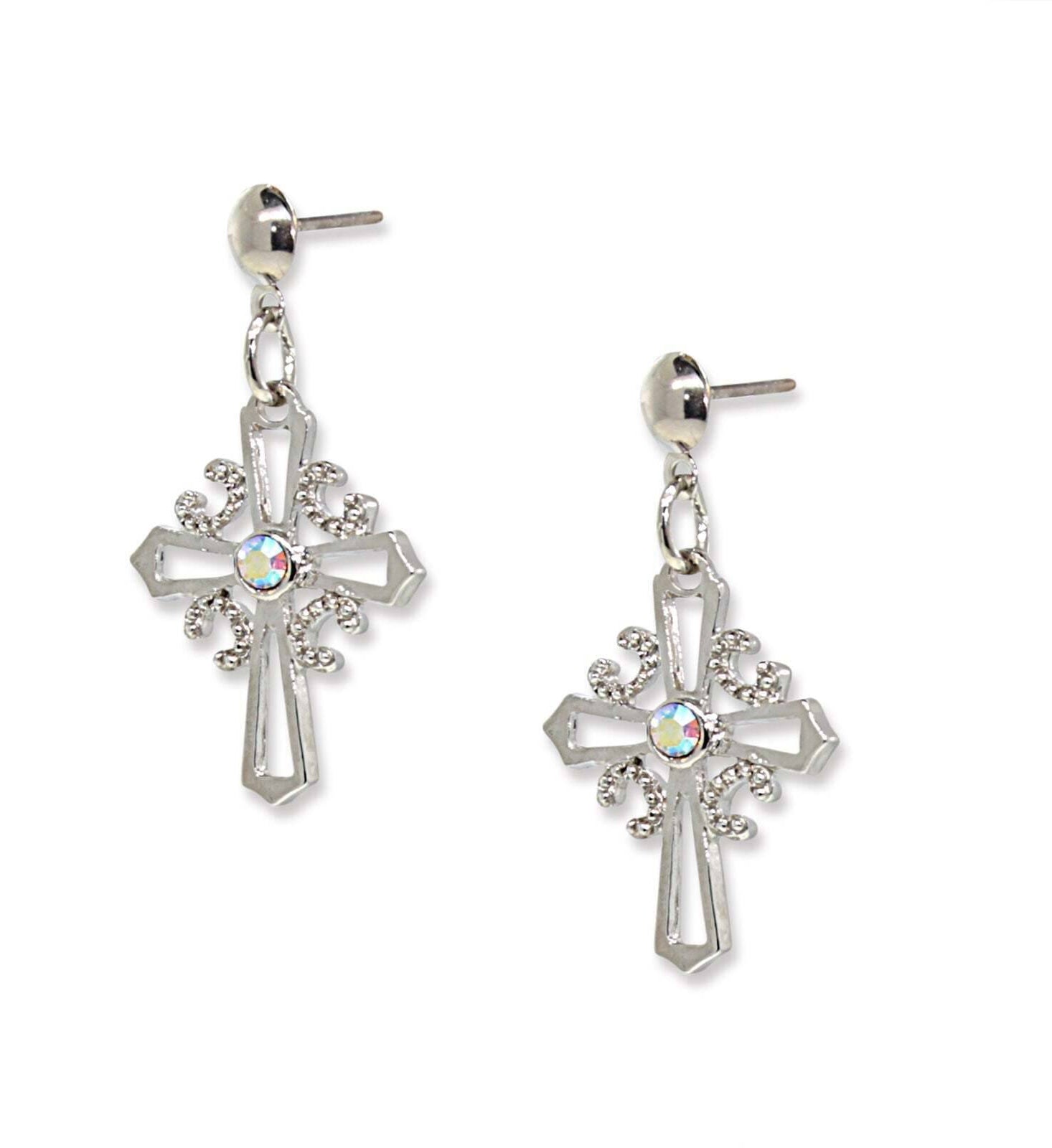 Symbols Of Faith AB Crystal Cross Post Drop Earrings
