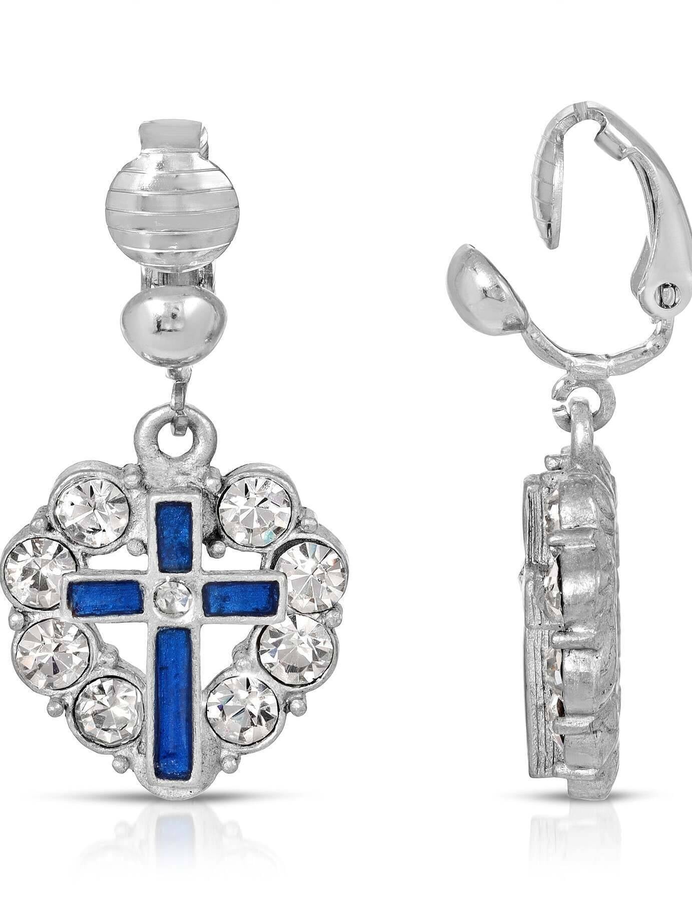 Symbols Of Faith Enamel Cross Crystal Heart Clip On Earrings