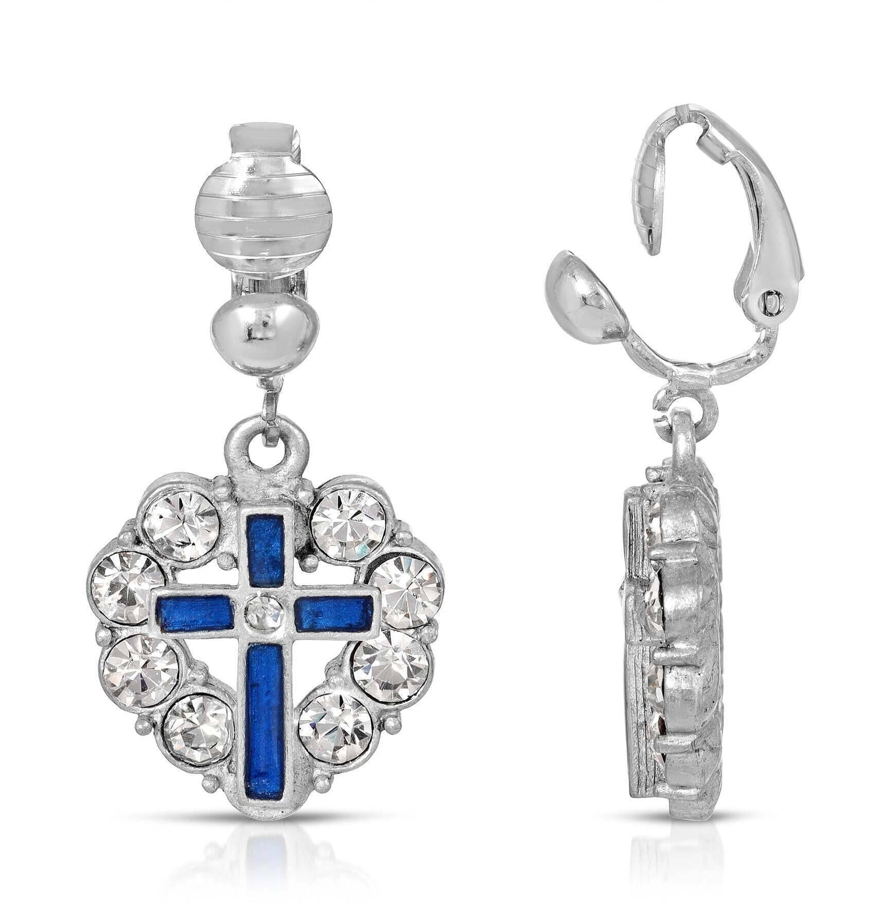 Symbols Of Faith Enamel Cross Crystal Heart Clip On Earrings