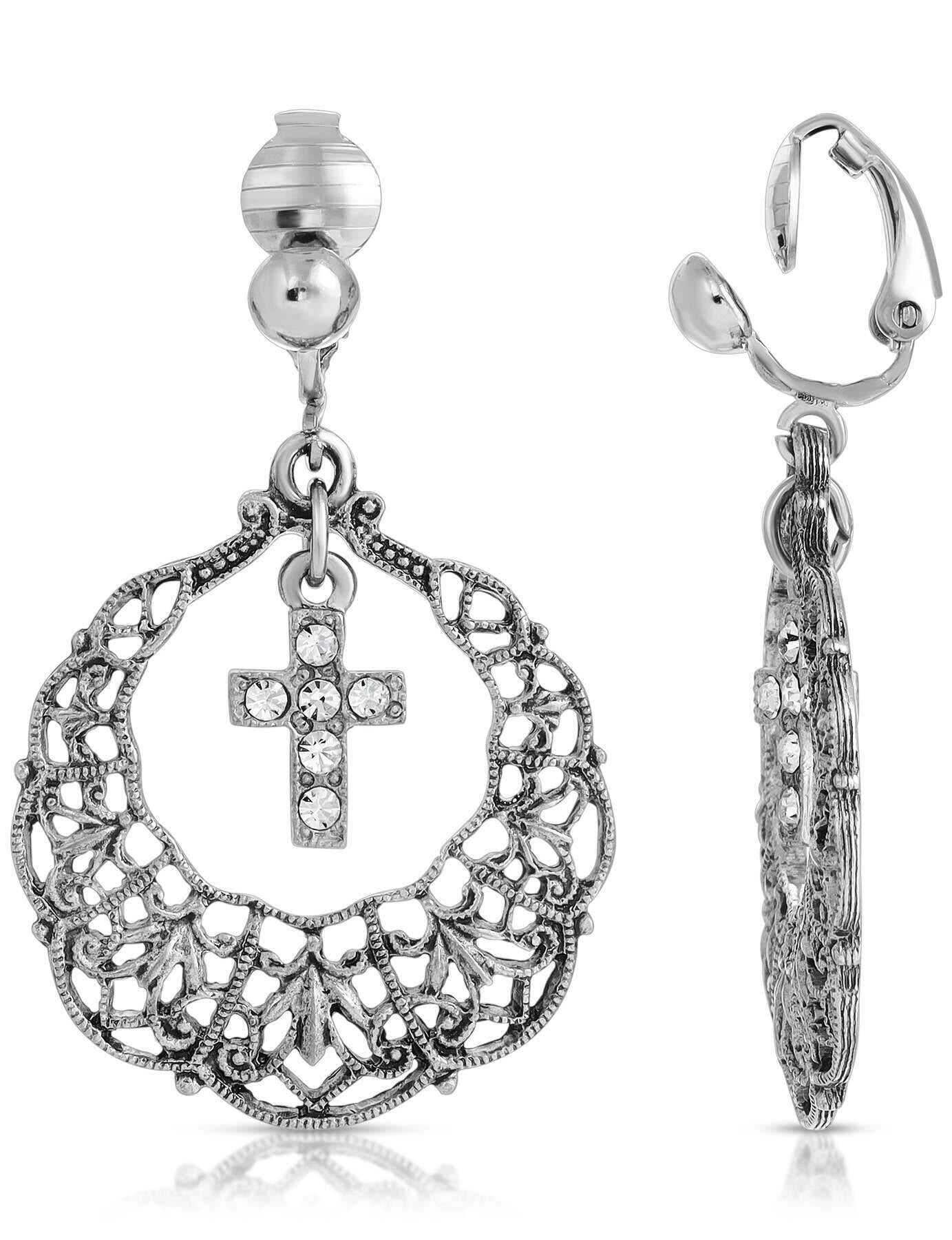 Symbols Of Faith Hoop Crystal Cross Drop Clip On Earrings