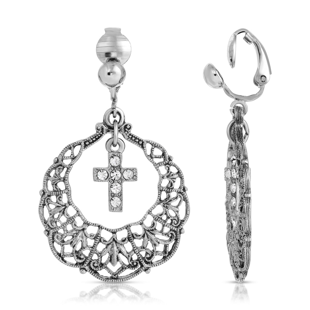 symbols of faith hoop crystal cross drop clip on earrings