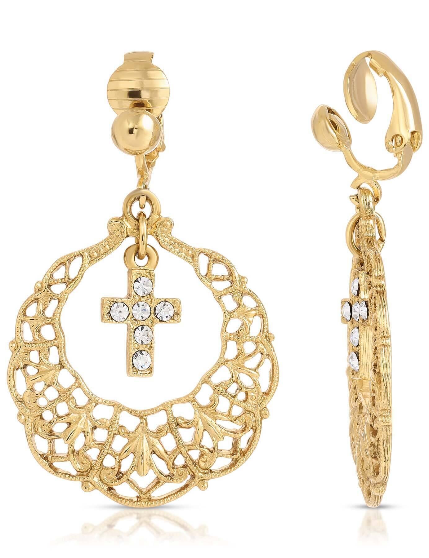 Symbols Of Faith Hoop Crystal Cross Drop Clip On Earrings