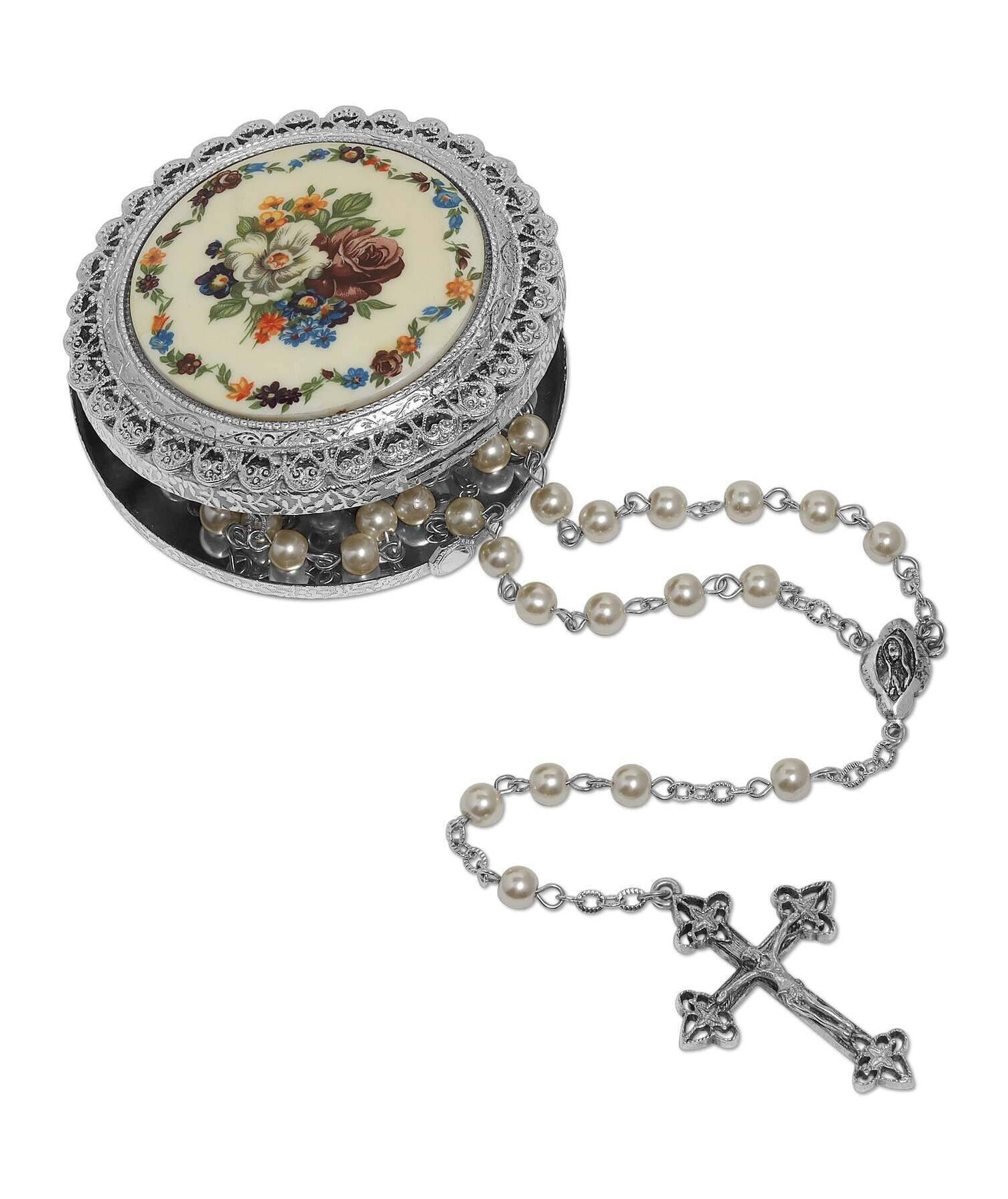 Symbols Of Faith Faux Pearl Rosary With Multicolor Floral Stone Rosary Box