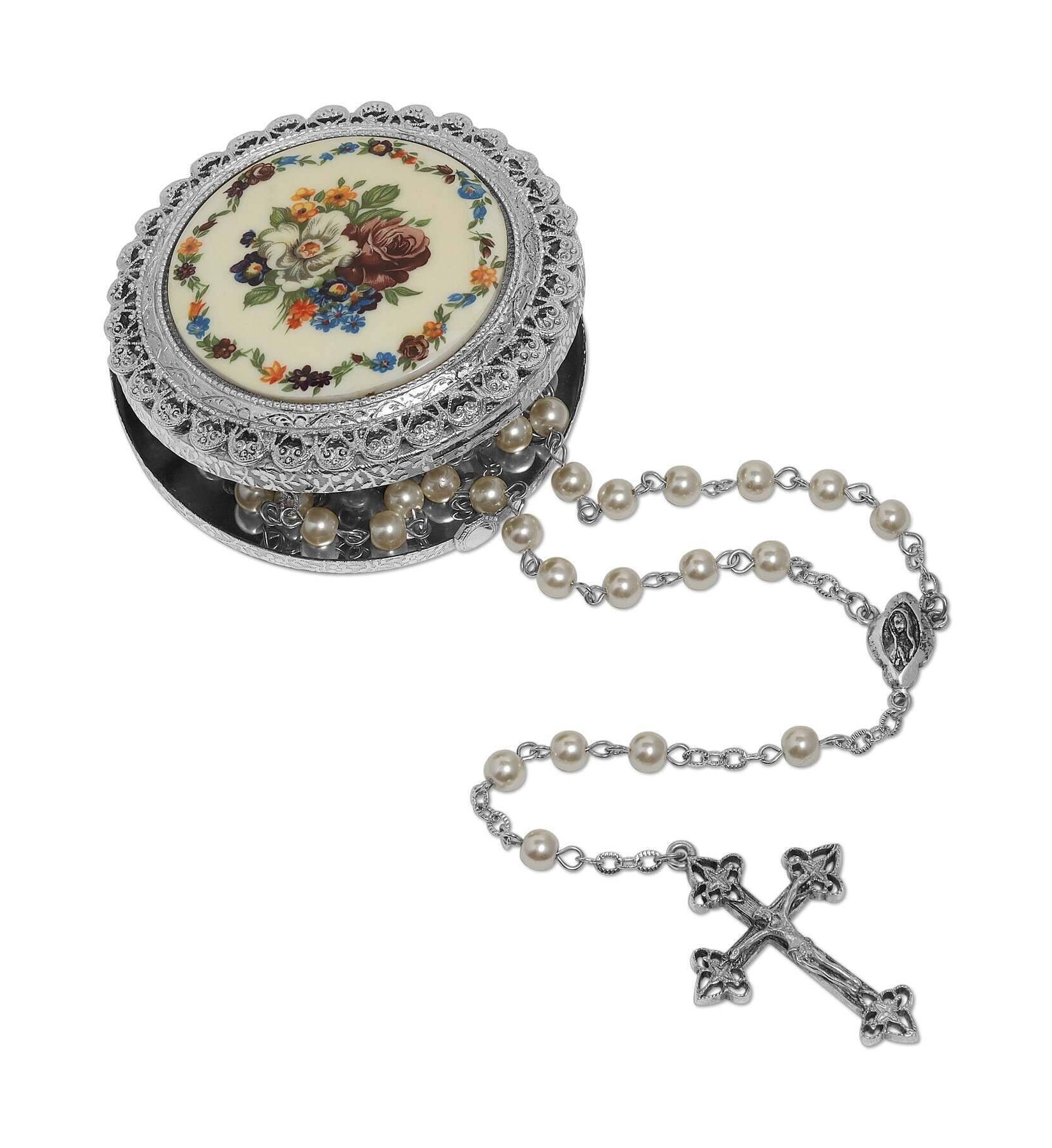 Symbols Of Faith Faux Pearl Rosary With Multicolor Floral Stone Rosary Box