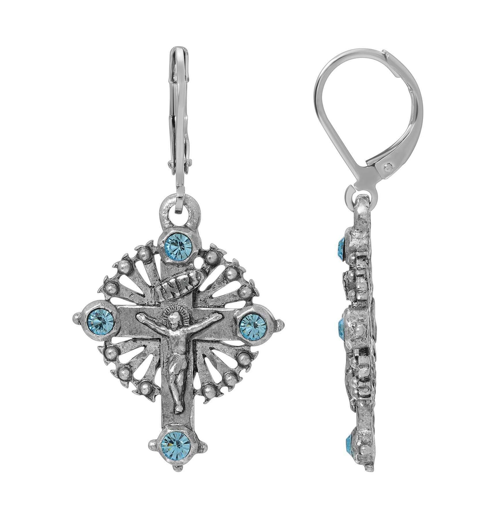 Symbols Of Faith INRI Crucifix Aqua Blue Crystal Drop Earrings