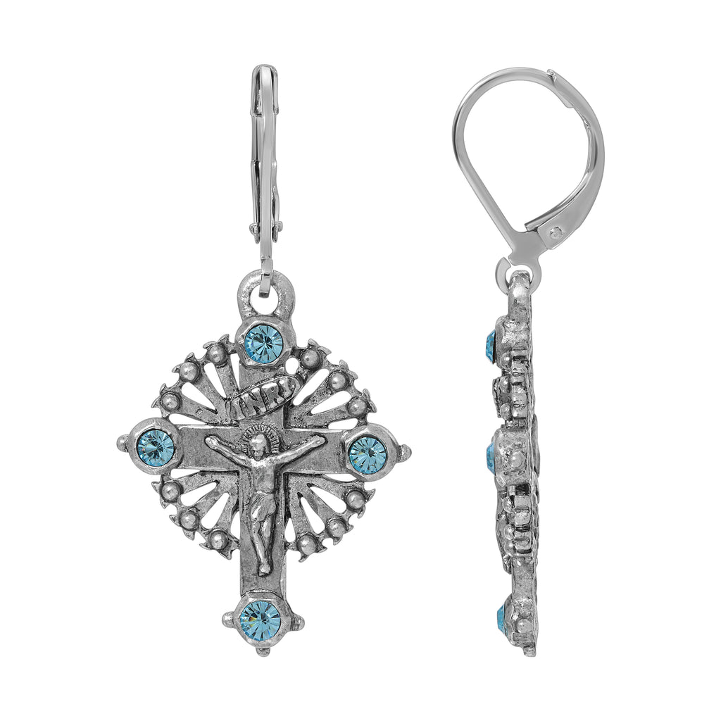 INRI Crucifix Aqua Blue Crystal Drop Earrings