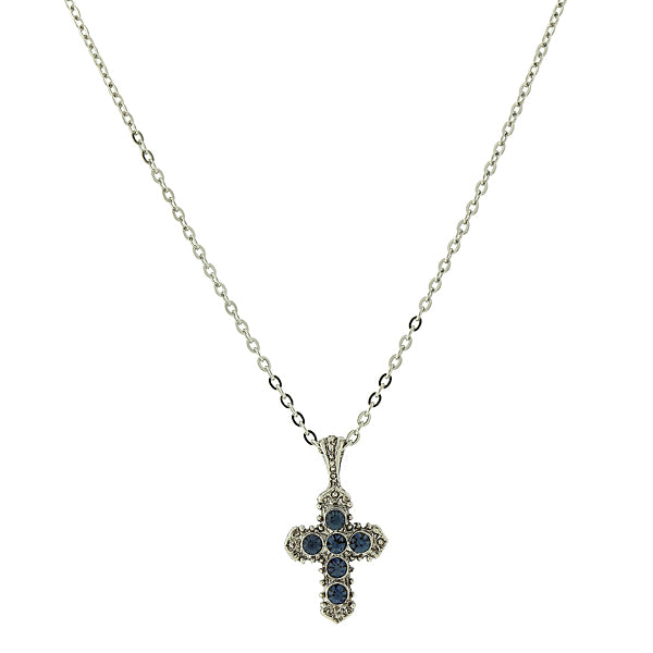 Silver Tone Blue Cross Necklace 16   19 Inch Adjustable