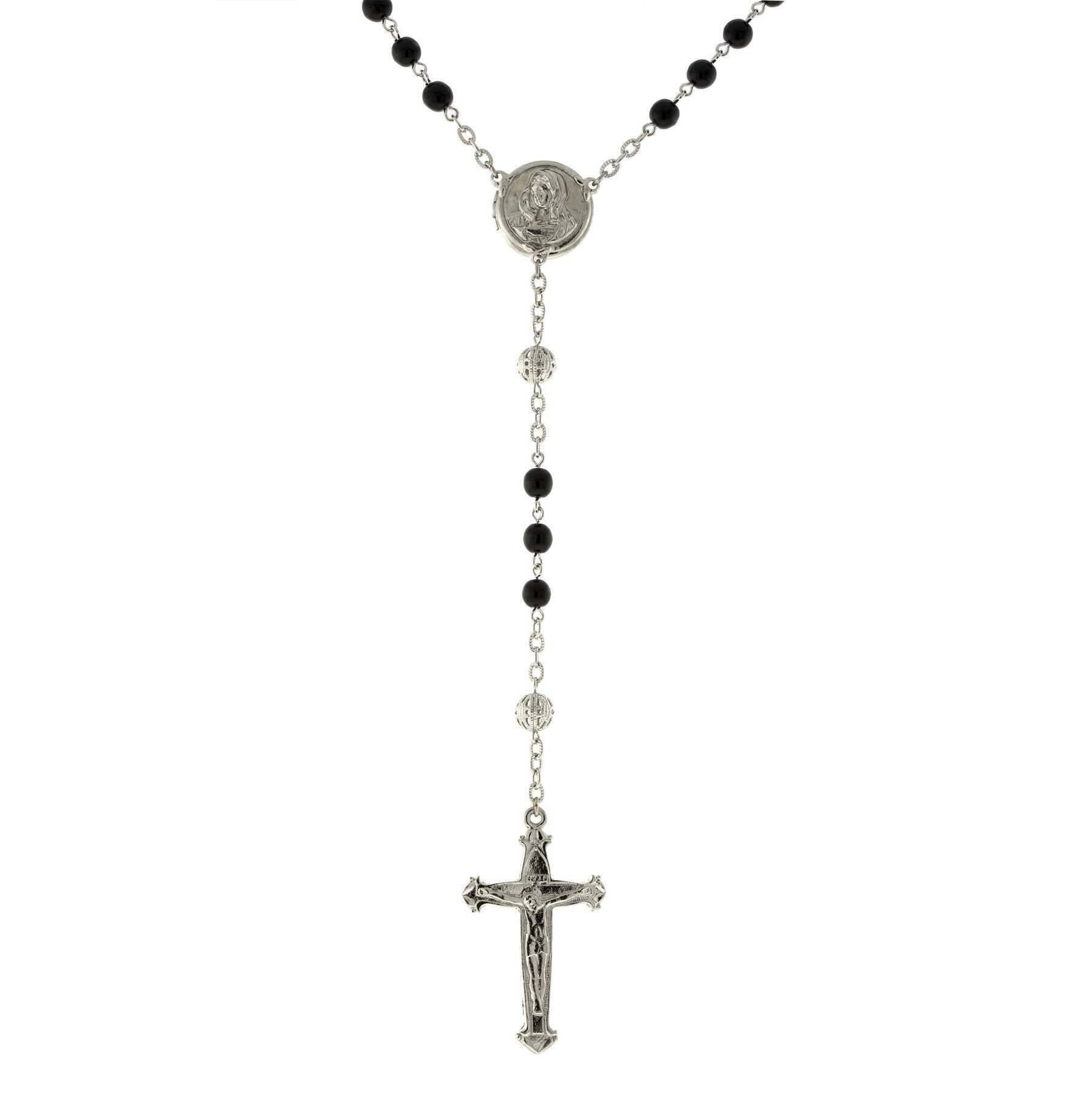 1928 Jewelry Beaded Crucifix With Mary Locket Necklace Rosary