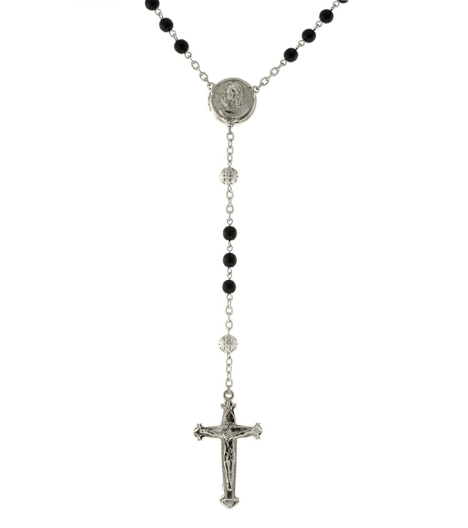 1928 Jewelry Beaded Crucifix With Mary Locket Necklace Rosary