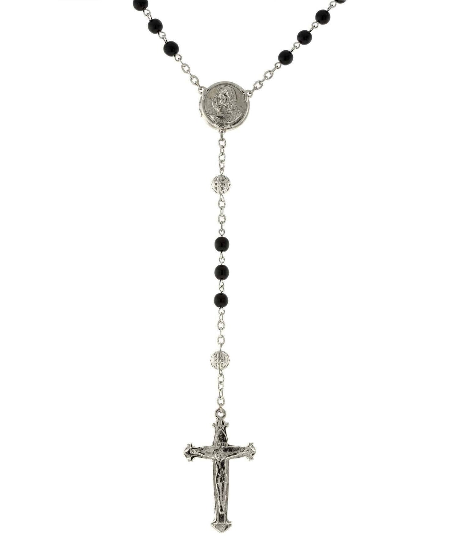 1928 Jewelry Beaded Crucifix With Mary Locket Necklace Rosary