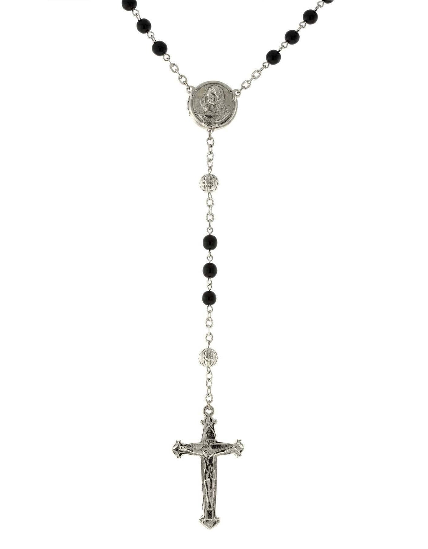 1928 Jewelry Beaded Crucifix With Mary Locket Necklace Rosary
