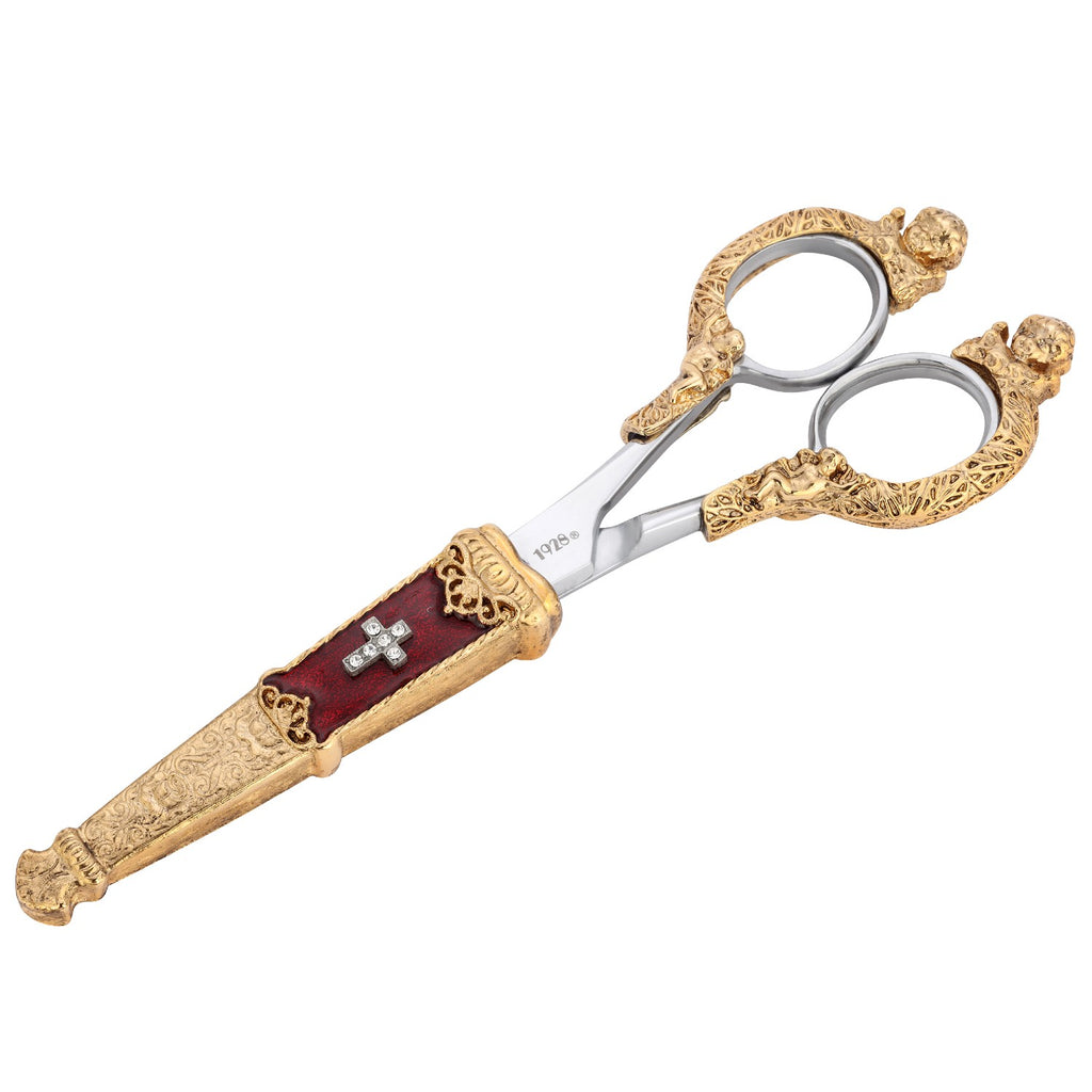gold tone crystal cross enamel scissor holder with scissors