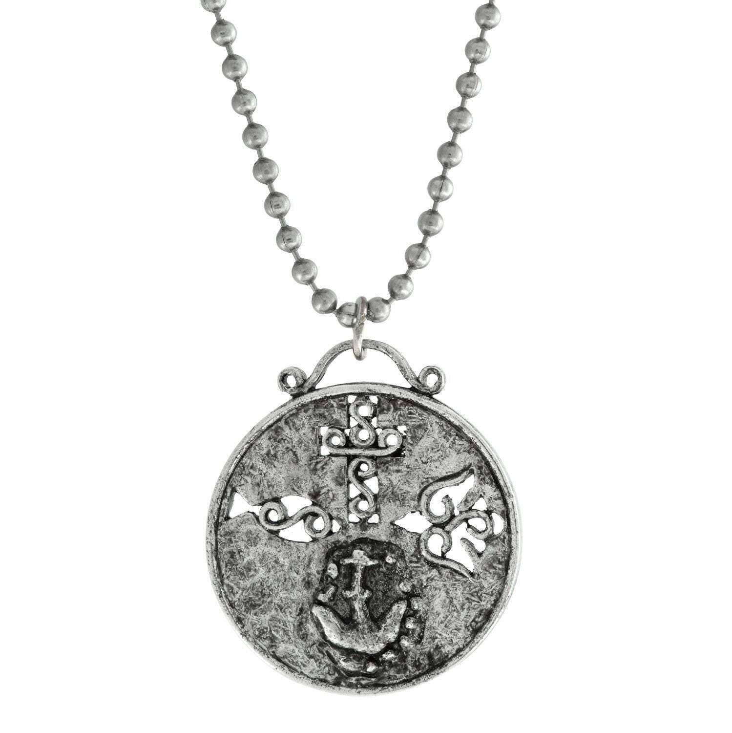 Symbols Of Faith Cross Dove Fish And Anchor Round Medallion Pendant Necklace 22"