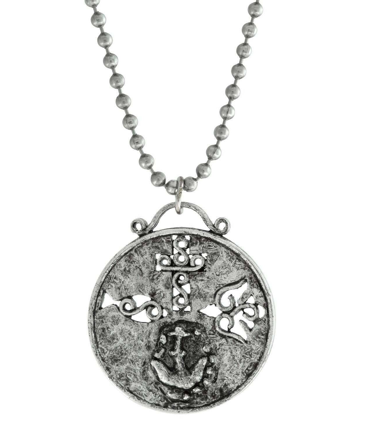 Symbols Of Faith Cross Dove Fish And Anchor Round Medallion Pendant Necklace 22"