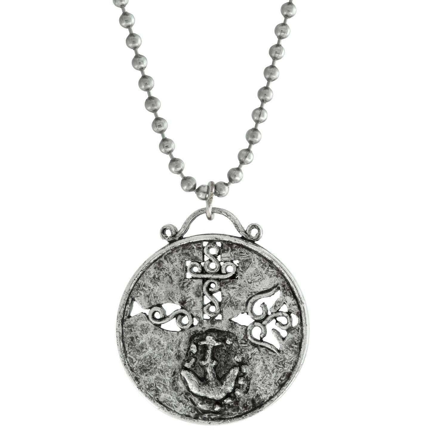 Symbols Of Faith Cross Dove Fish And Anchor Round Medallion Pendant Necklace 22"