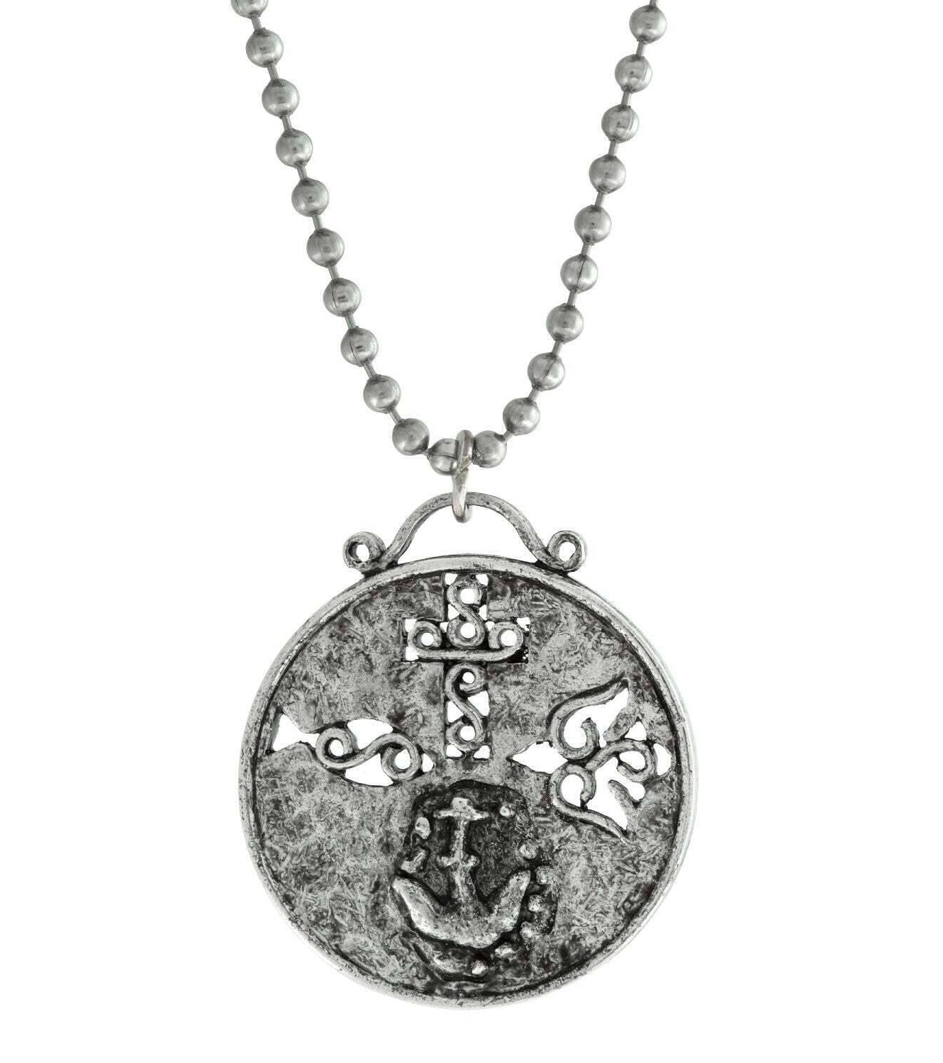 Symbols Of Faith Cross Dove Fish And Anchor Round Medallion Pendant Necklace 22"