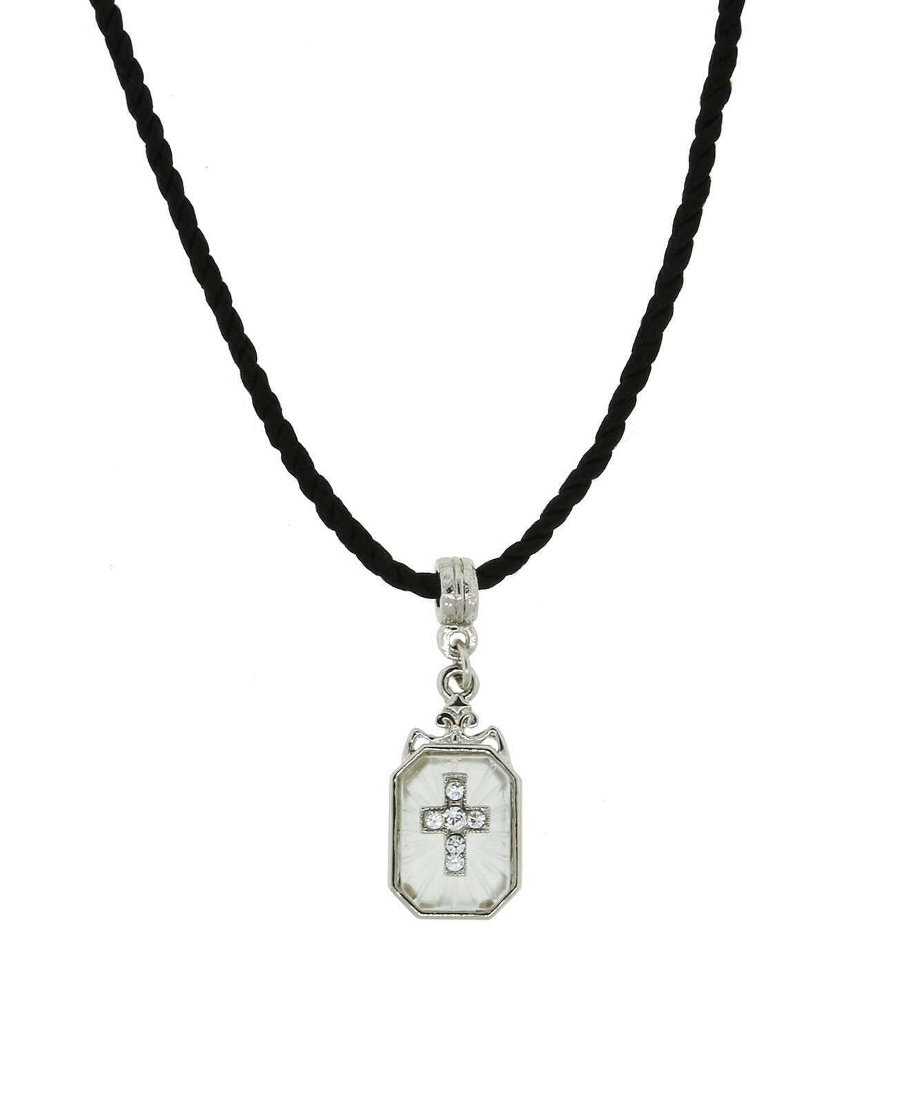 Symbols Of Faith Frosted Glass Crystal Cross Pendant Black Twist Rayon Cord Necklace 15" + 3" Extender
