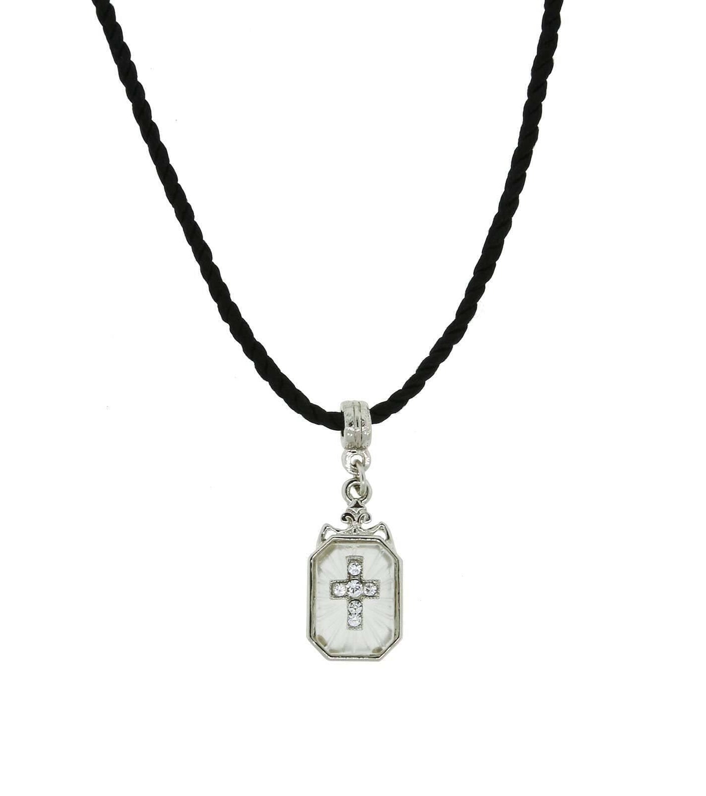 Symbols Of Faith Frosted Glass Crystal Cross Pendant Black Twist Rayon Cord Necklace 15" + 3" Extender