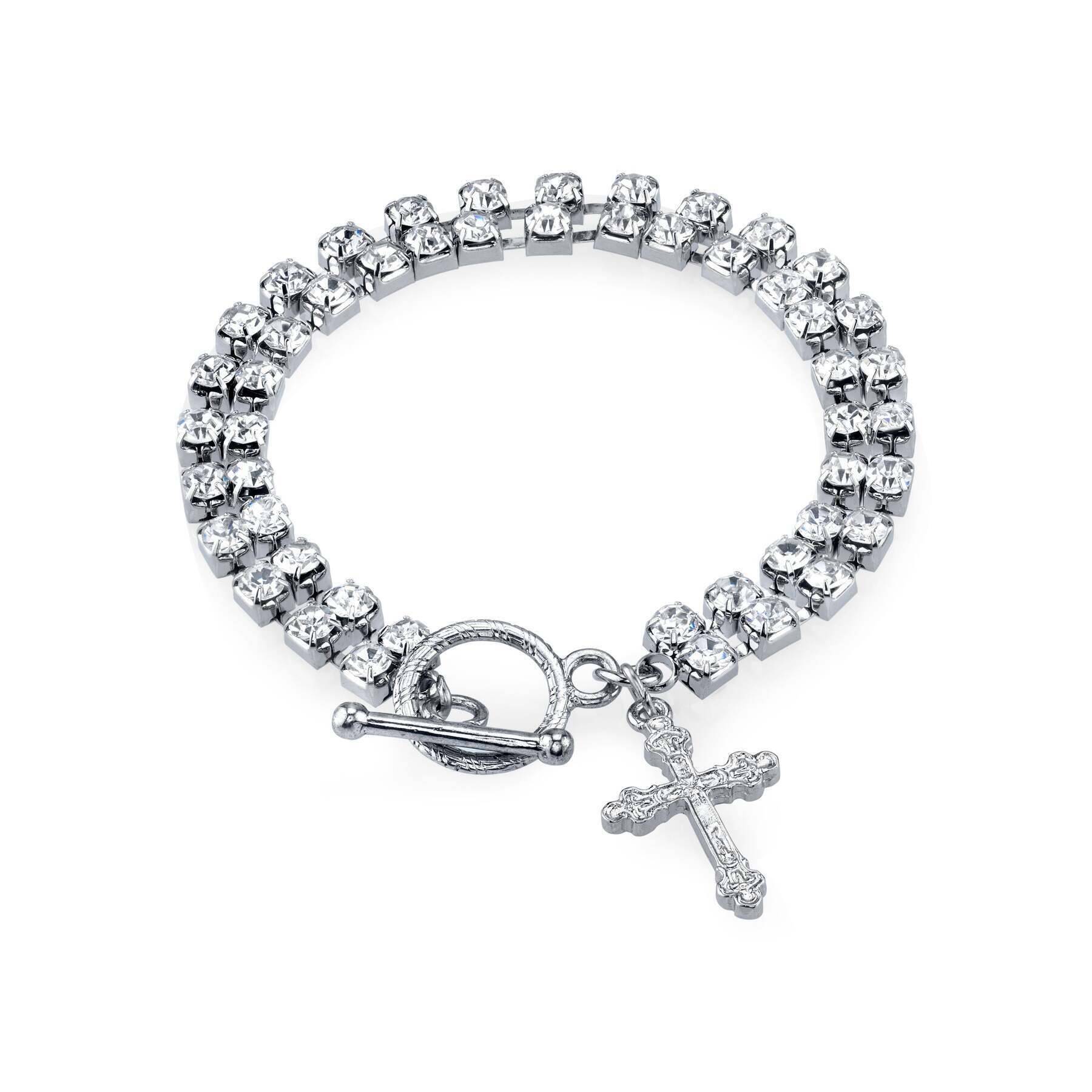Symbols Of Faith Rhinestone Crystal Cross Drop Toggle Bracelet