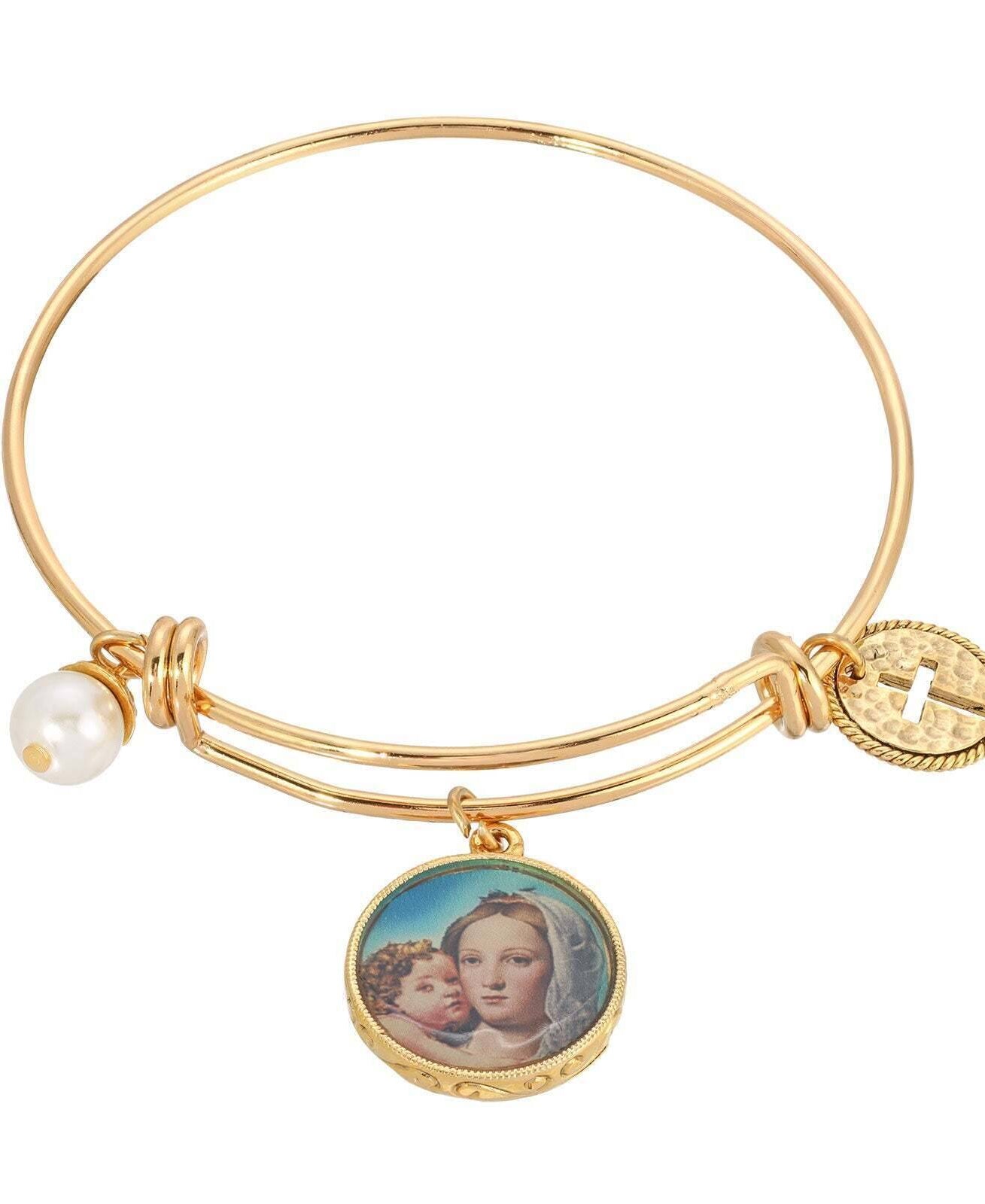 Symbols Of Faith Cross, Faux Pearl, Mary And Child Charm Bangle Bracelet