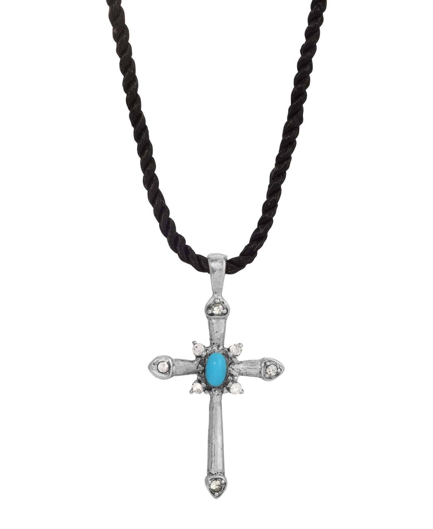 Symbols Of Faith Twisted Cord Crystal Turquoise Pewter Cross Pendant Necklaces 15"