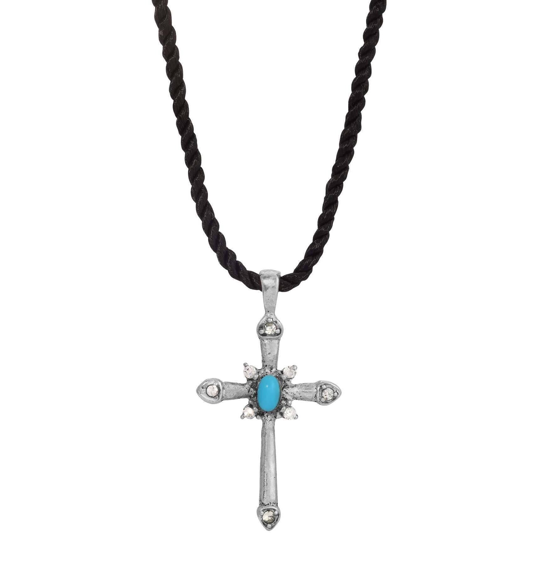 Symbols Of Faith Twisted Cord Crystal Turquoise Pewter Cross Pendant Necklaces 15"
