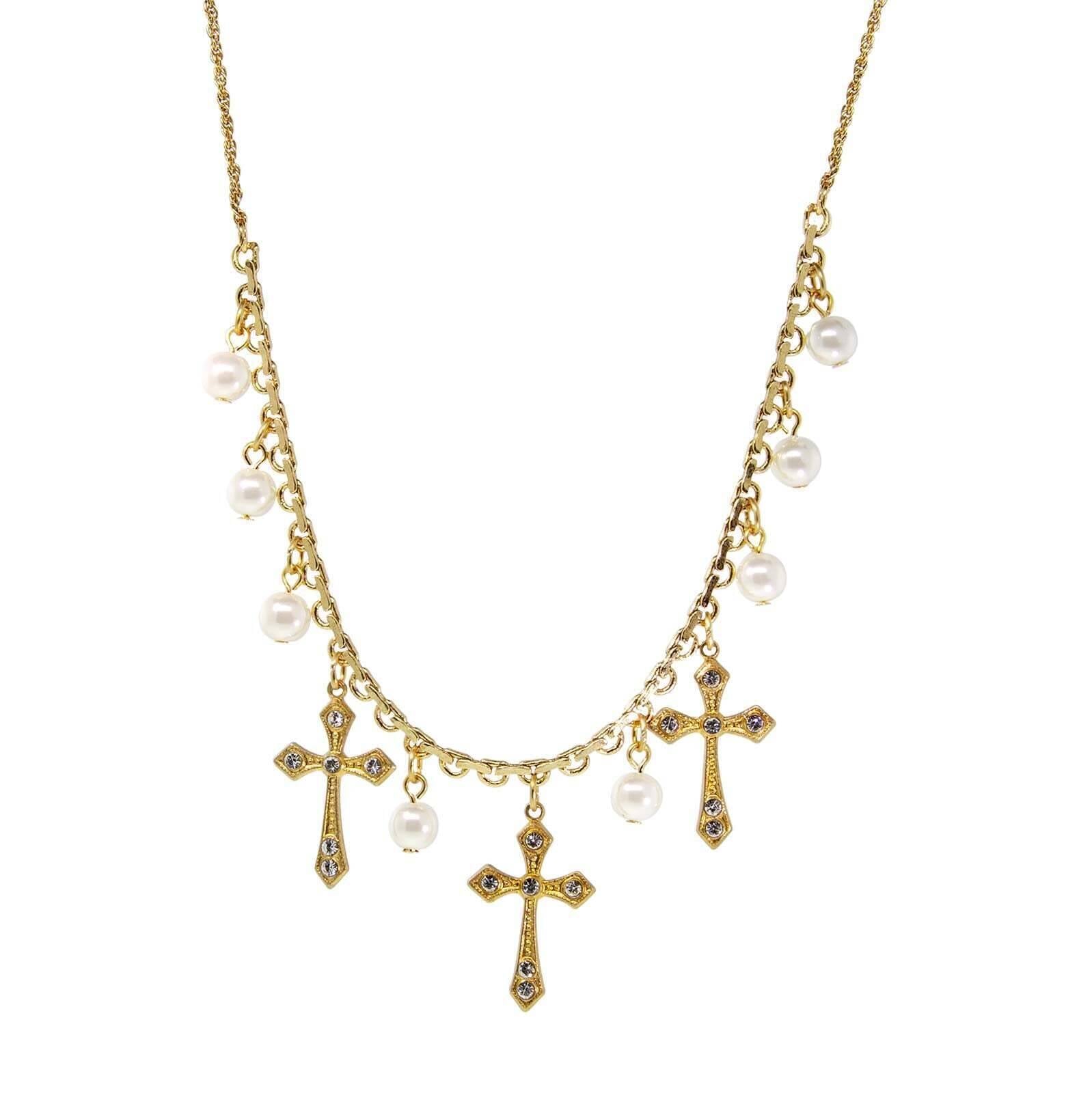 Symbols Of Faith Triple Cross Faux Pearl Drop Necklace 16" + 3" Extender