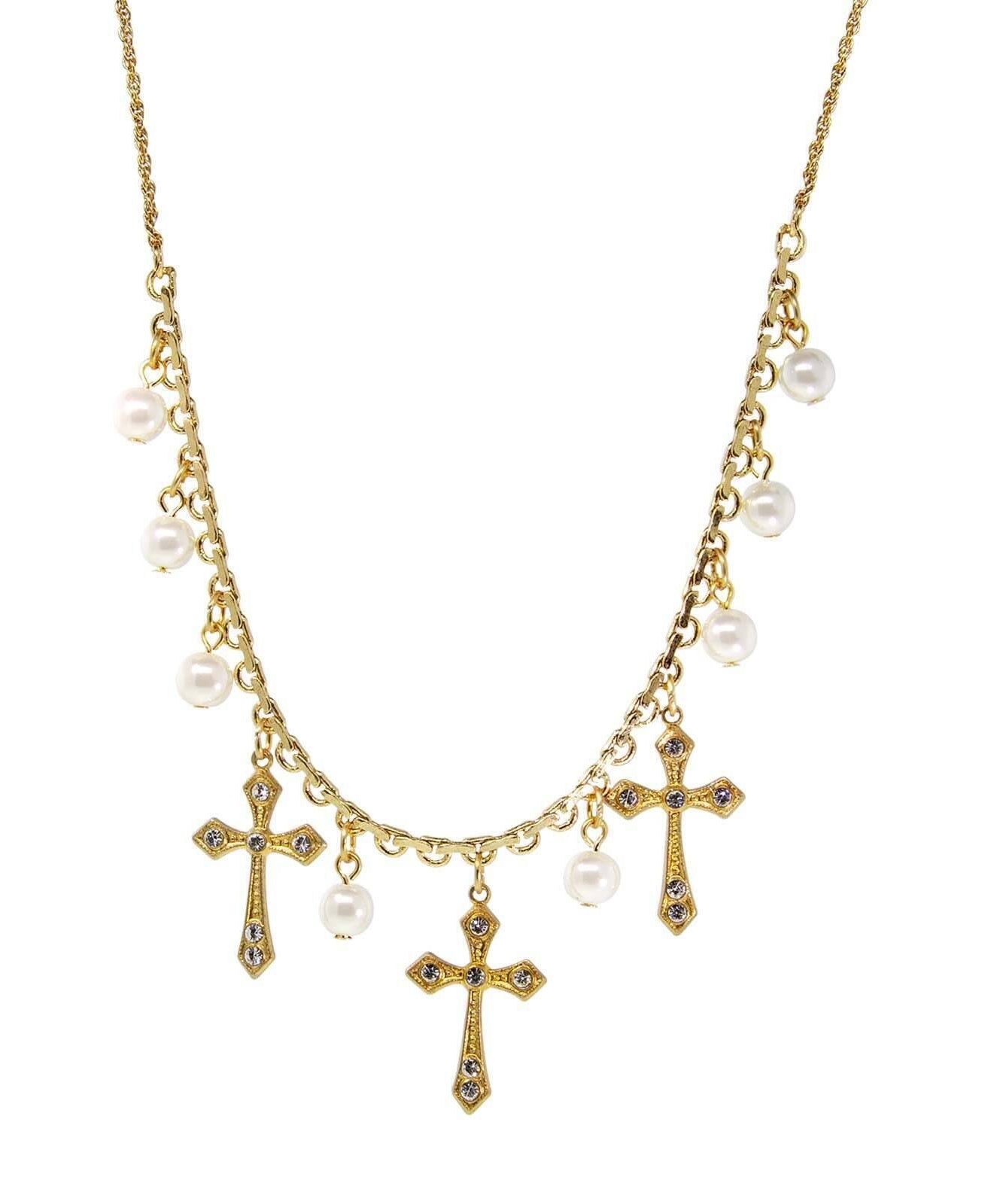 Symbols Of Faith Triple Cross Faux Pearl Drop Necklace 16" + 3" Extender