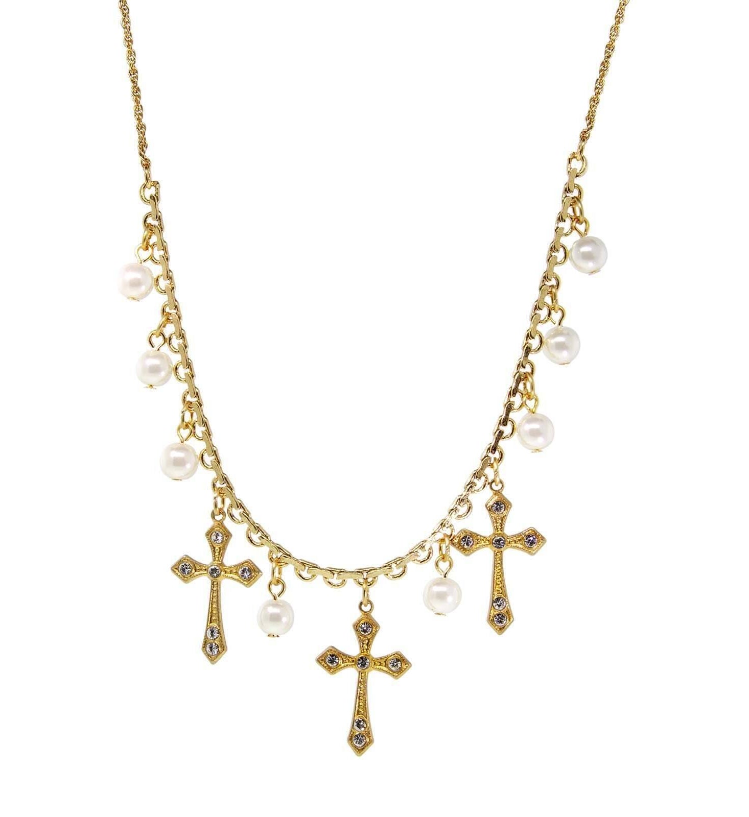Symbols Of Faith Triple Cross Faux Pearl Drop Necklace 16" + 3" Extender