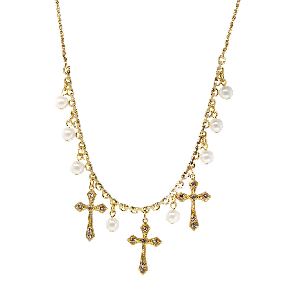 Triple Cross Faux Pearl Drop Necklace 16" + 3" Extender
