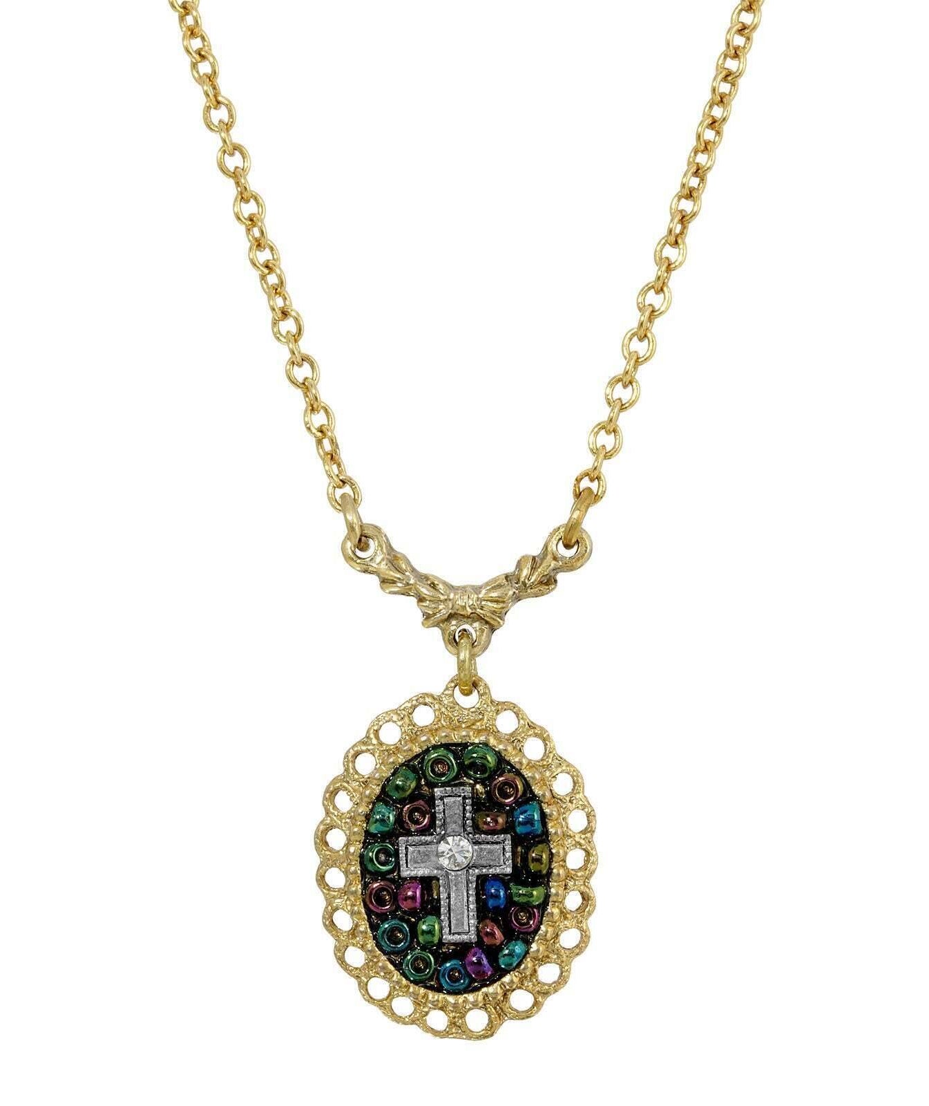 Symbols Of Faith Multi Color Seeded Beads & Crystal Cross Pendant Necklace 16" + 3" Extender