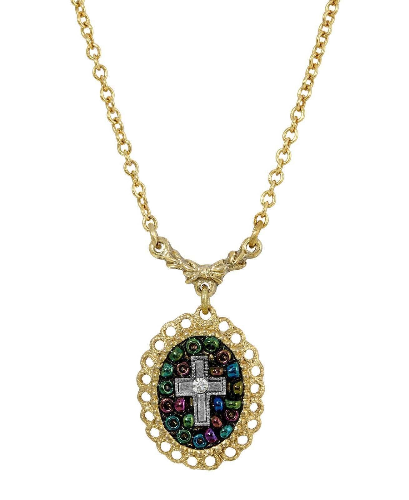 Symbols Of Faith Multi Color Seeded Beads & Crystal Cross Pendant Necklace 16" + 3" Extender