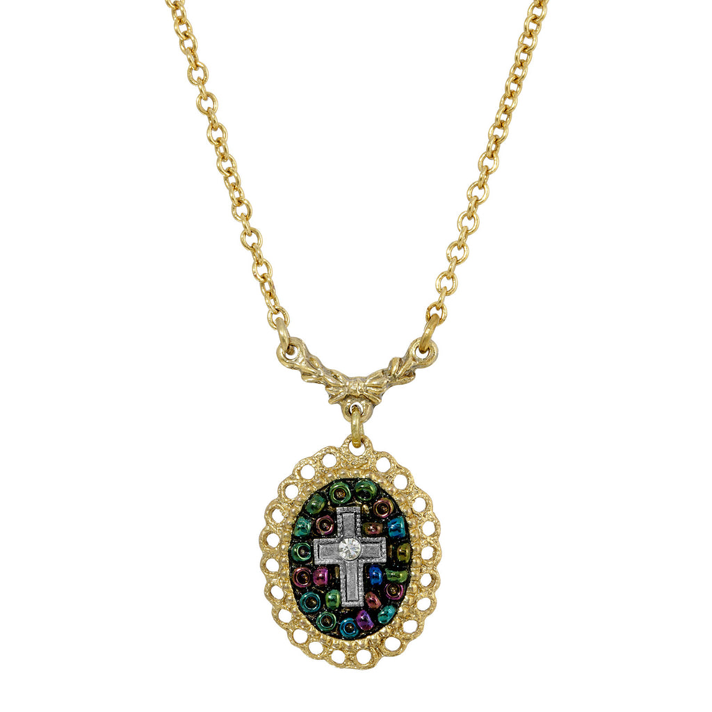 Multi Color Seeded Beads & Crystal Cross Pendant Necklace 16   19 Inch Adjustable
