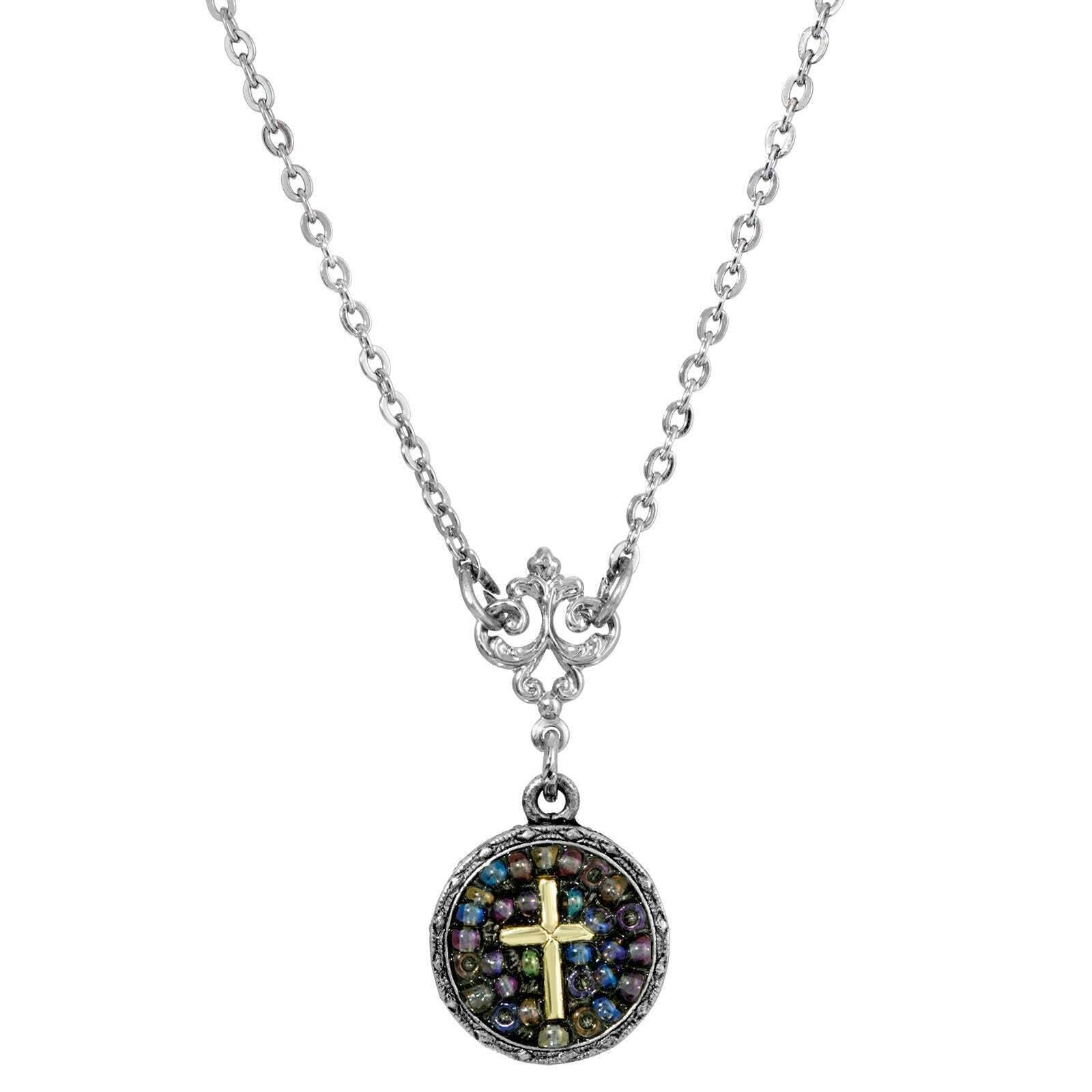 Symbols Of Faith Purple Seeded Beads Cross Round Pendant Necklace 16" + 3" Extender