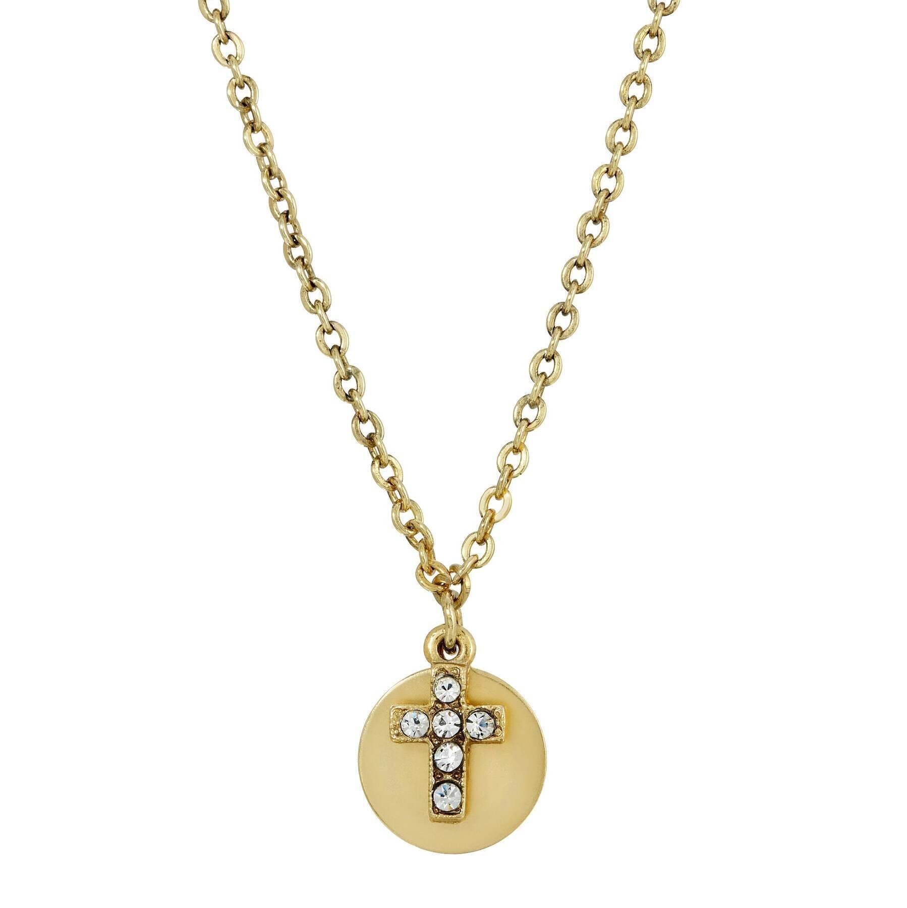 Symbols of Faith Crystal Cross Round Disc Pendant Necklace 16" + 3" Extender