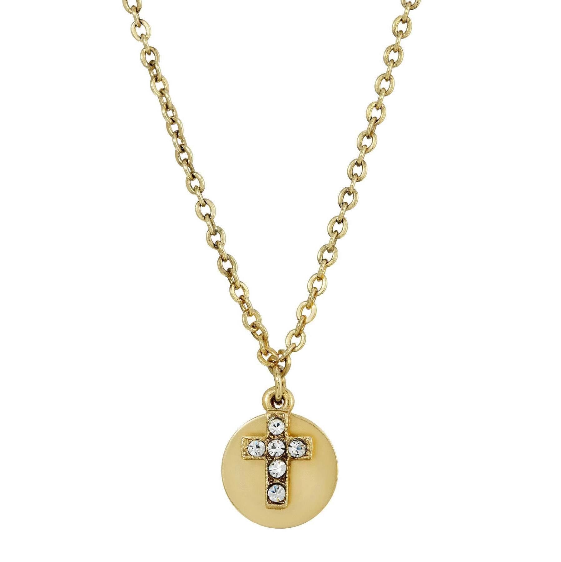 Symbols of Faith Crystal Cross Round Disc Pendant Necklace 16" + 3" Extender