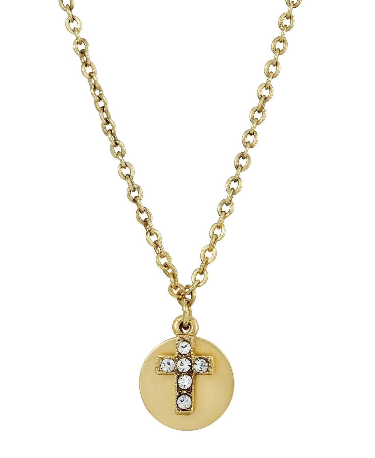 Symbols of Faith Crystal Cross Round Disc Pendant Necklace 16" + 3" Extender