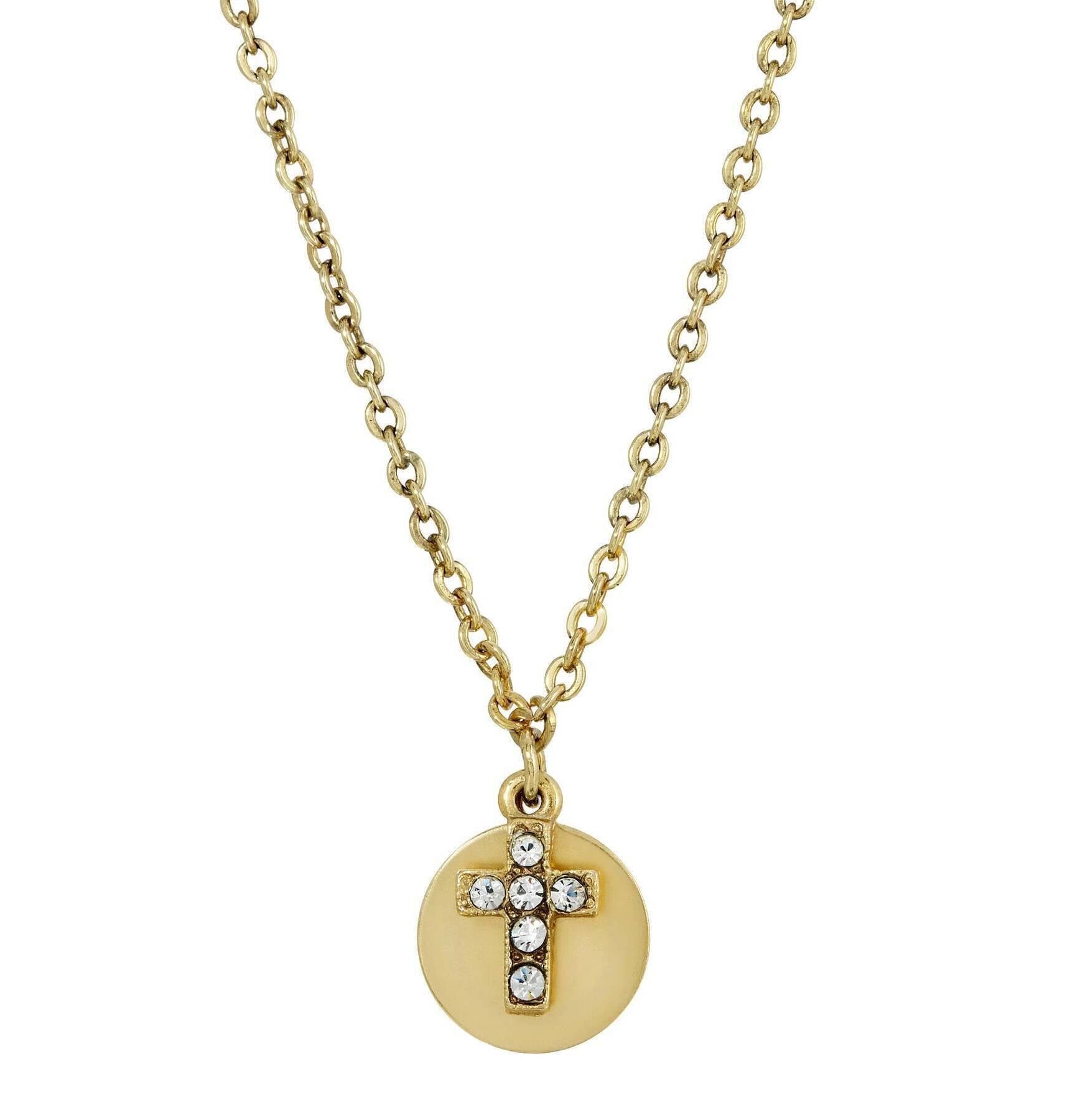 Symbols of Faith Crystal Cross Round Disc Pendant Necklace 16" + 3" Extender
