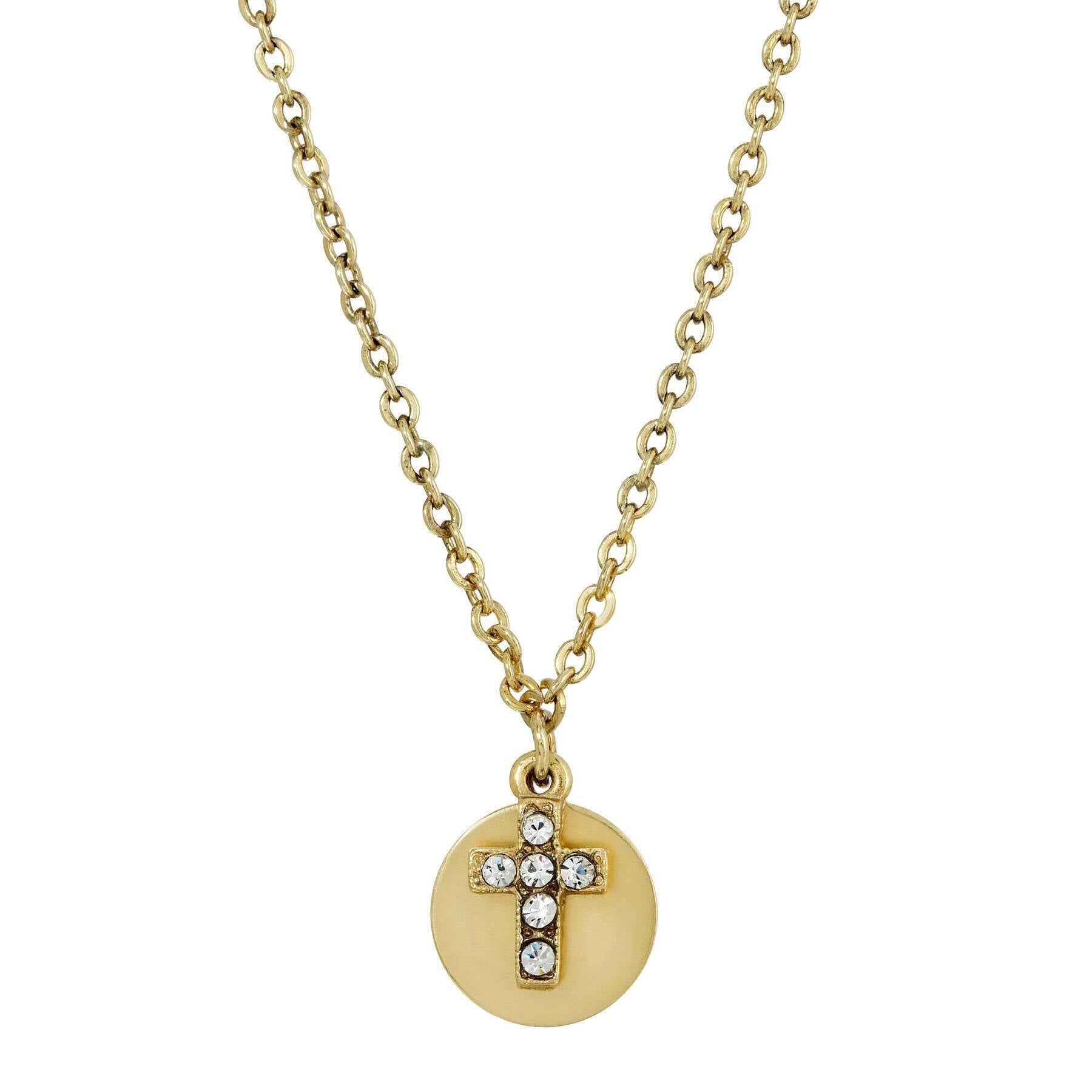 Symbols of Faith Crystal Cross Round Disc Pendant Necklace 16" + 3" Extender