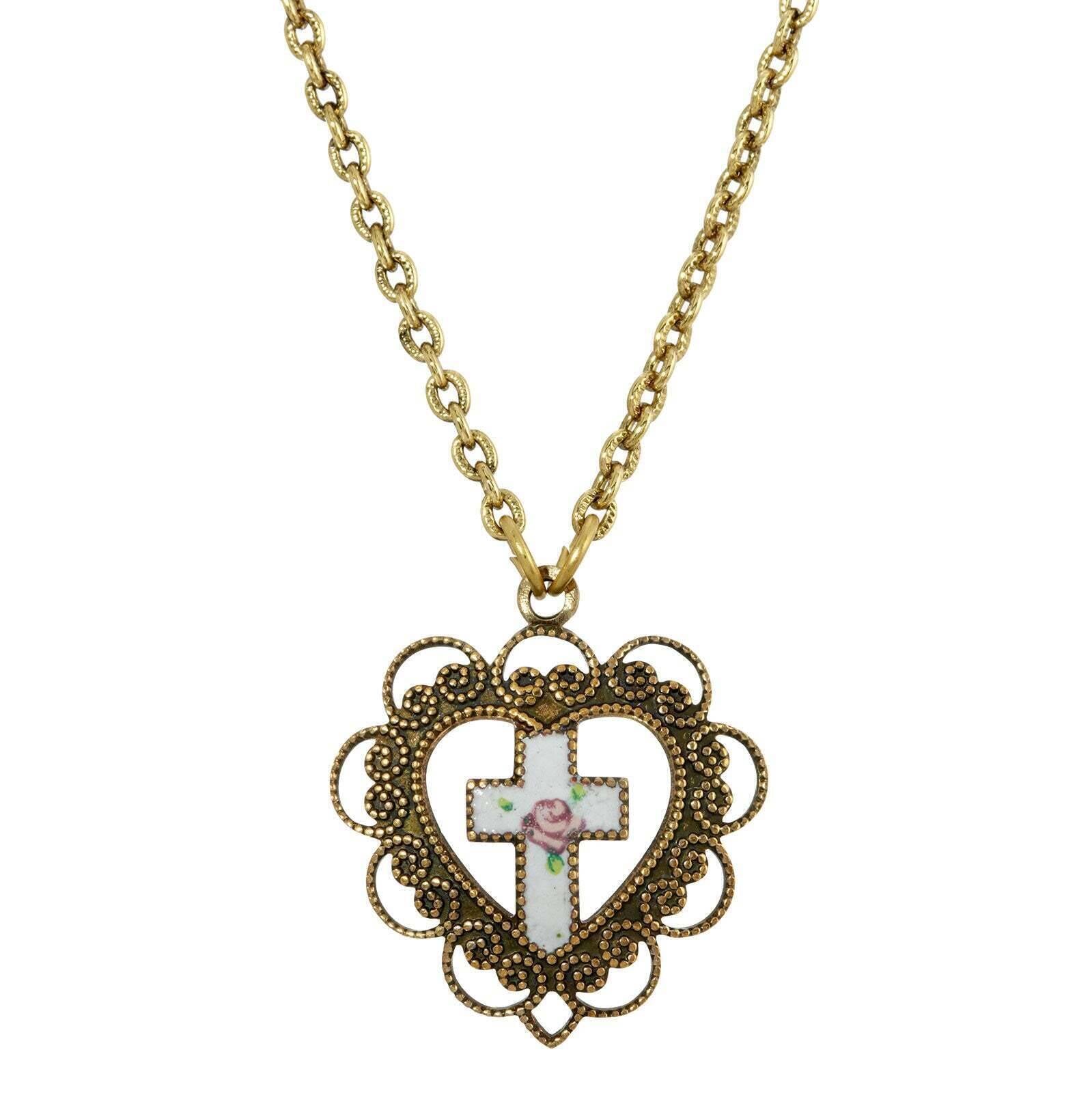 Symbols Of Faith Heart With White Floral Cross Pendant Necklace 16" + 3" Extender
