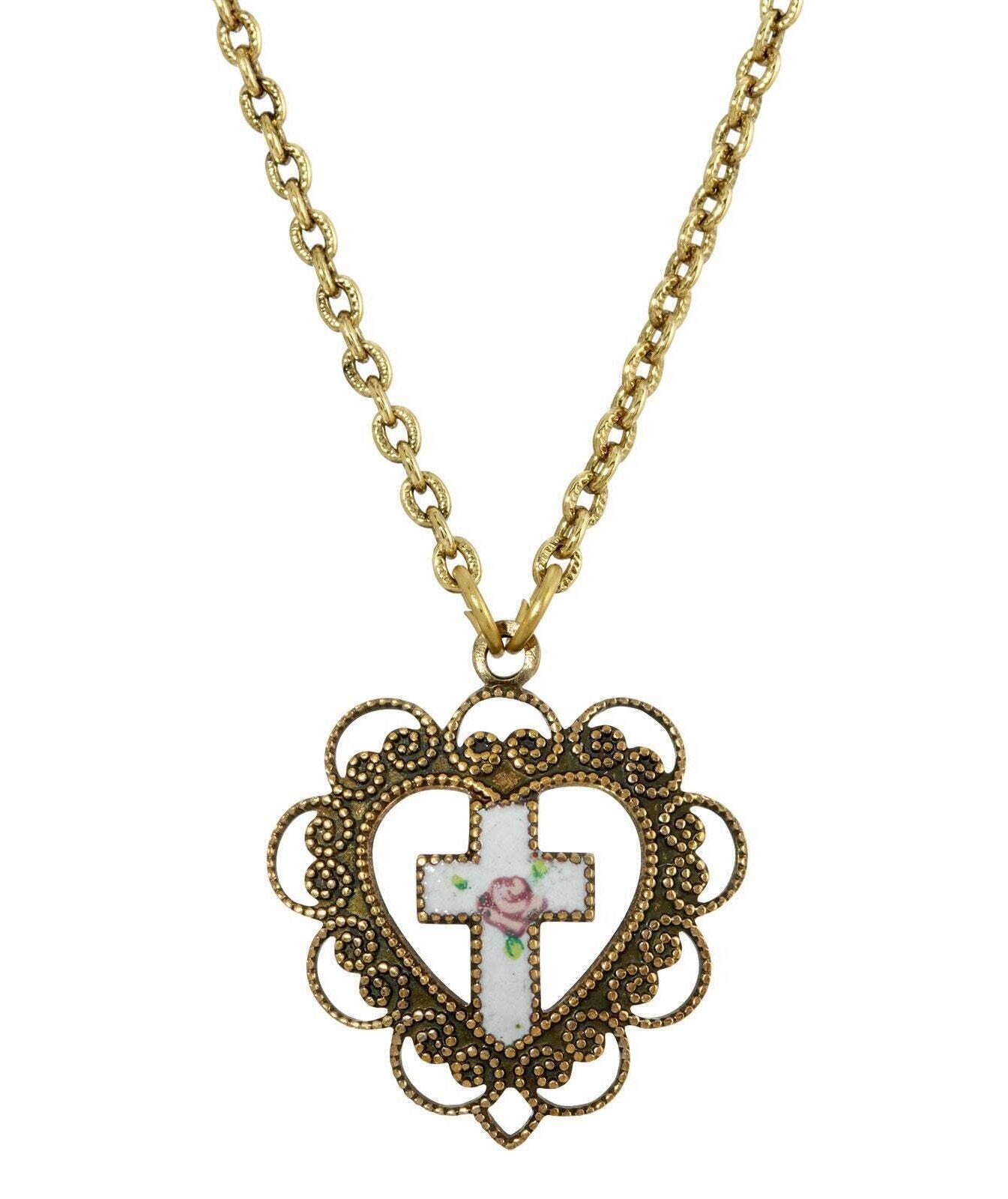 Symbols Of Faith Heart With White Floral Cross Pendant Necklace 16" + 3" Extender