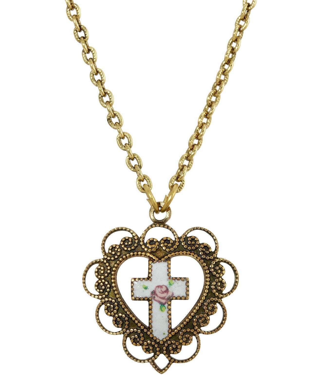 Symbols Of Faith Heart With White Floral Cross Pendant Necklace 16" + 3" Extender