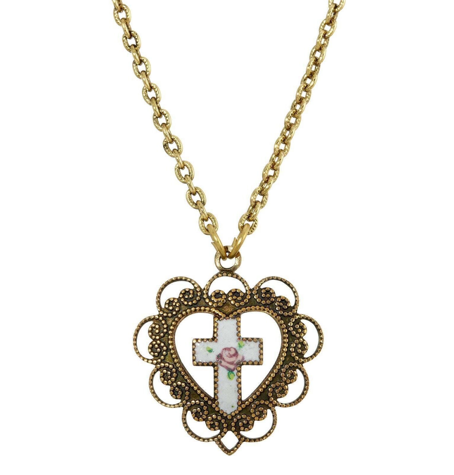 Symbols Of Faith Heart With White Floral Cross Pendant Necklace 16" + 3" Extender