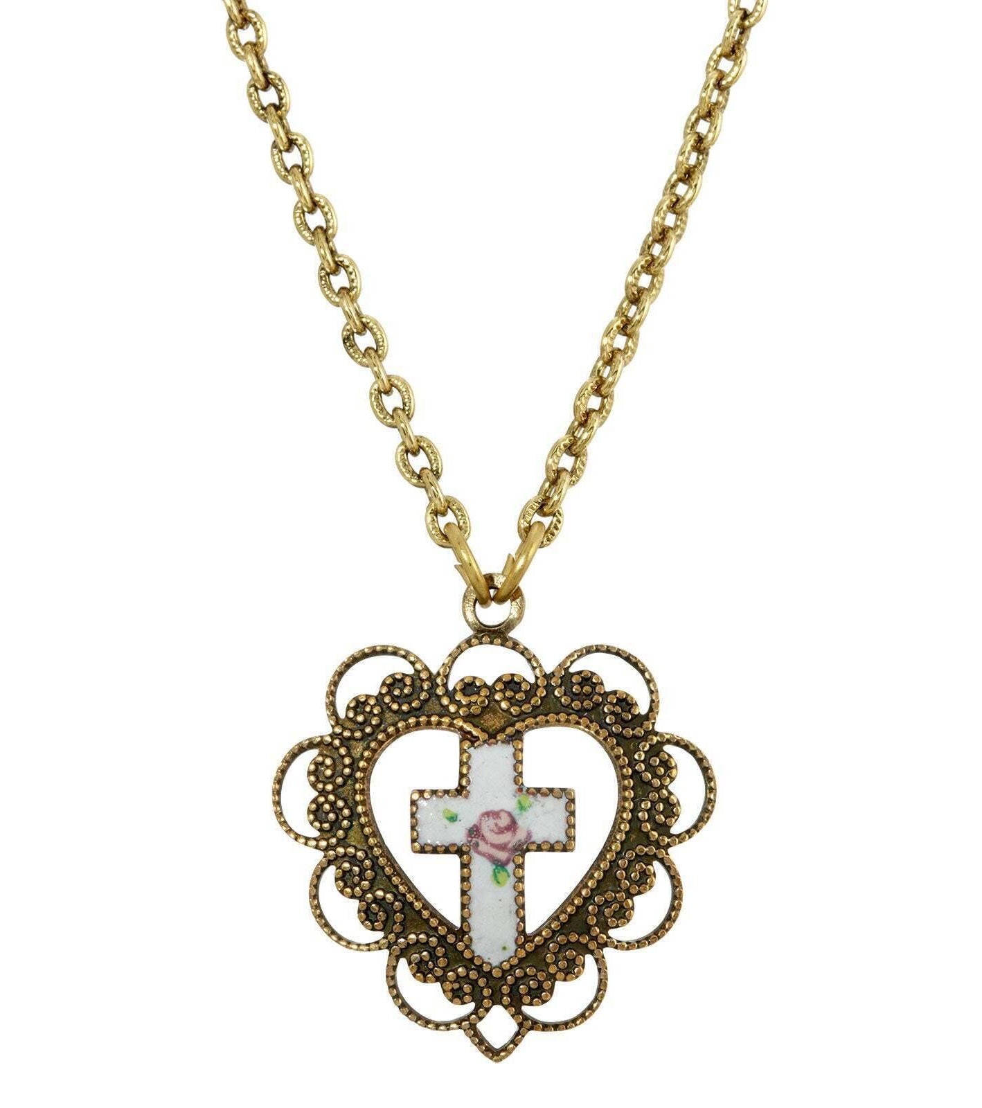Symbols Of Faith Heart With White Floral Cross Pendant Necklace 16" + 3" Extender