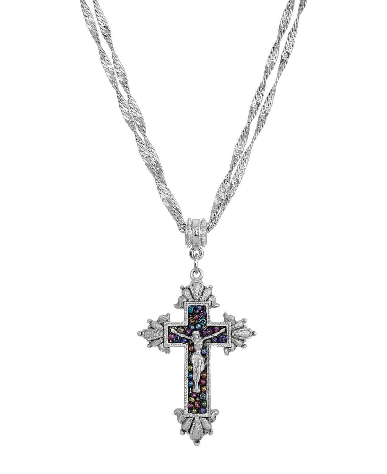 Symbols Of Faith Glass Purple Seeded Bead Cross Pendant Necklace 16" + 3" Extender