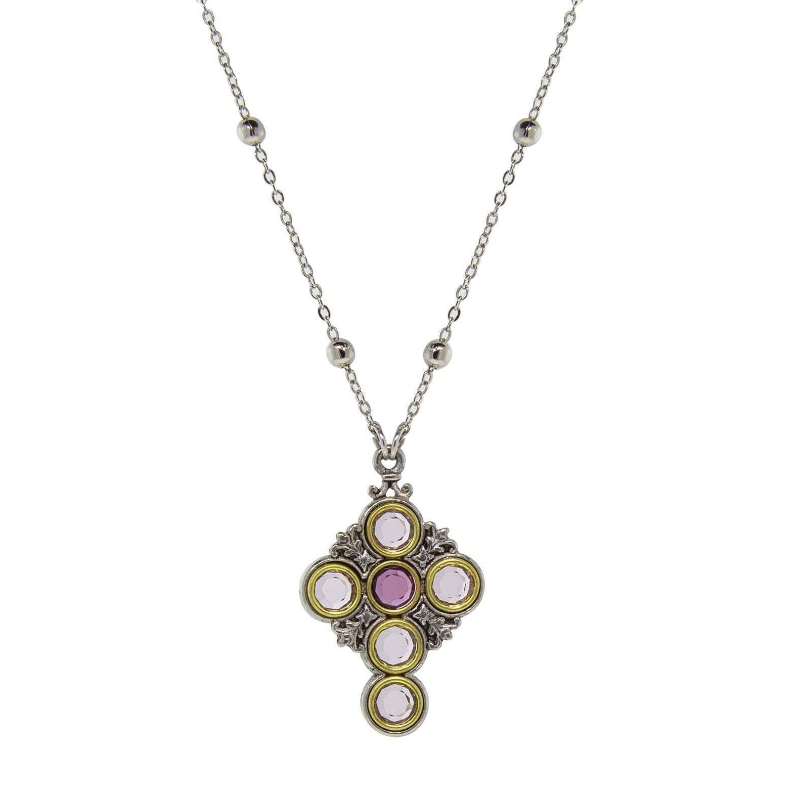 Symbols Of Faith Pewter Cross Chain Light & Dk Purple Round Crystals Pendant Necklace 16" + 3" Extender