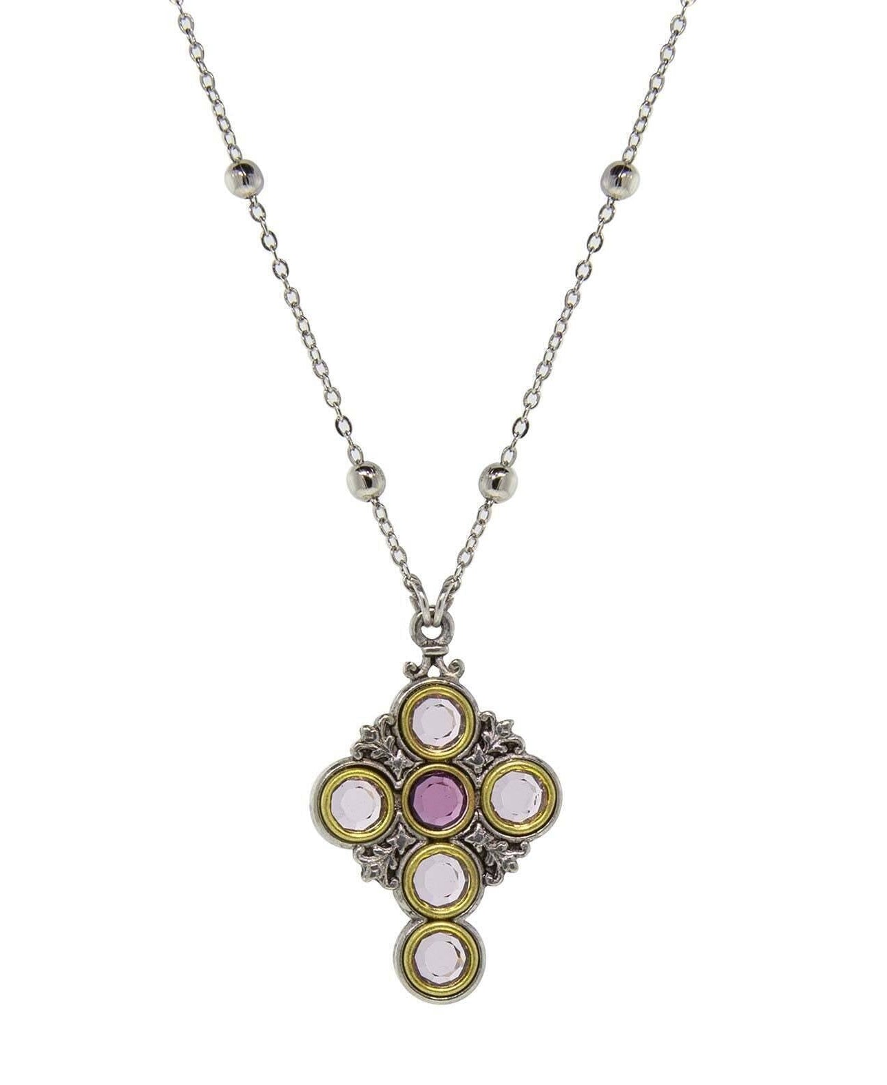 Symbols Of Faith Pewter Cross Chain Light & Dk Purple Round Crystals Pendant Necklace 16" + 3" Extender