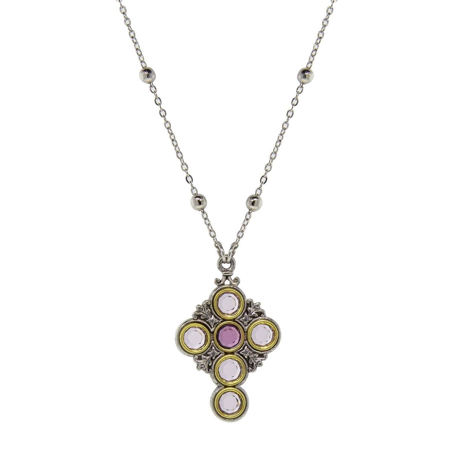 Symbols Of Faith Pewter Cross Chain Light & Dk Purple Round Crystals Pendant Necklace 16" + 3" Extender